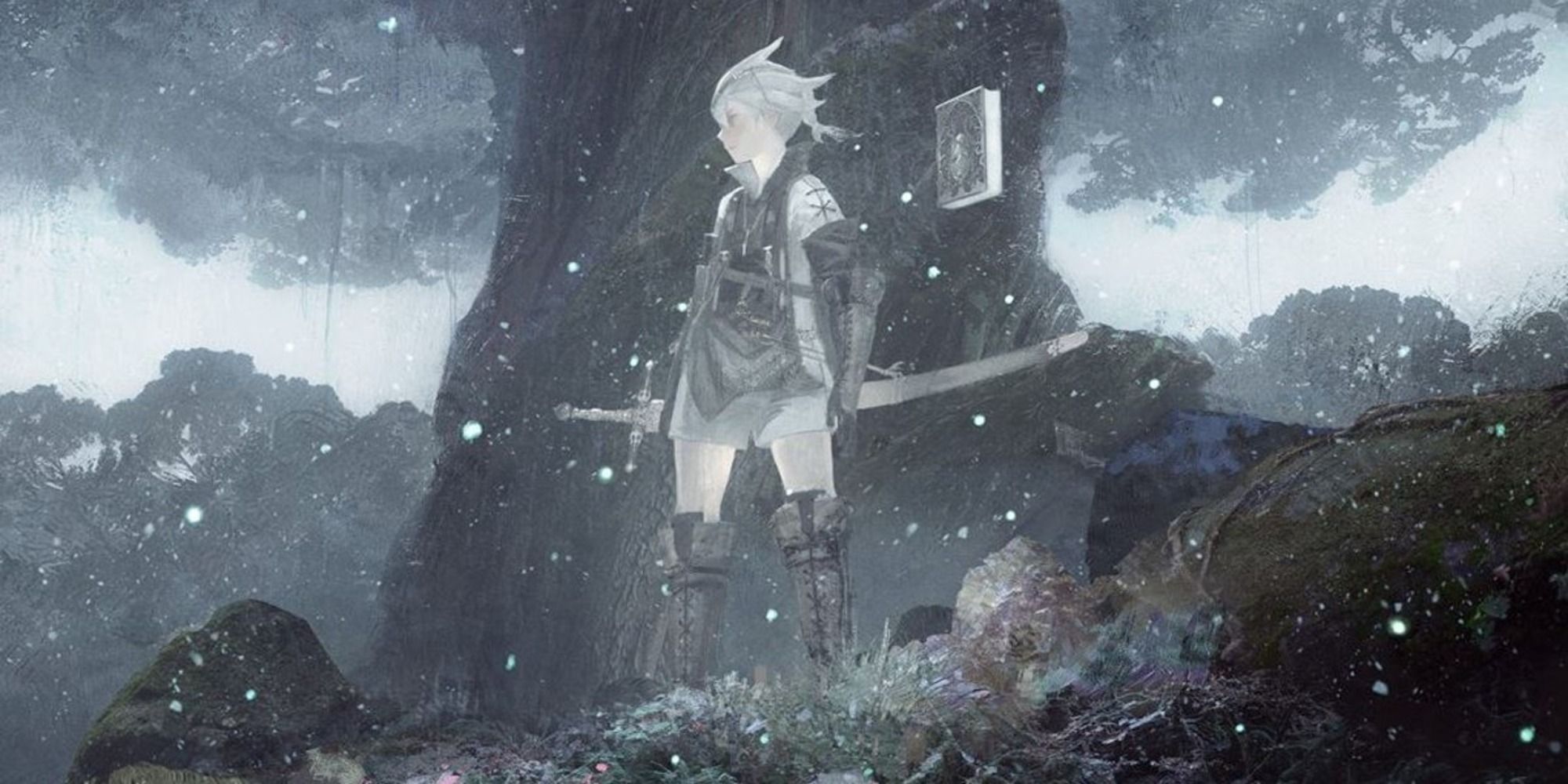 NieR Replicant Ver 1.22474487139 screenshot of Nier Brother and Grimoire Weiss standing in front of a tree