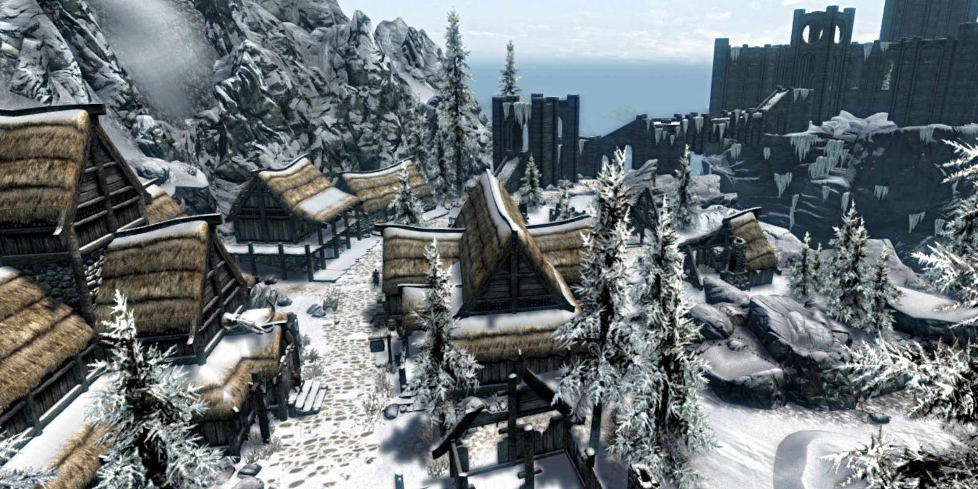 An aerial view of Winterhold from Skyrin