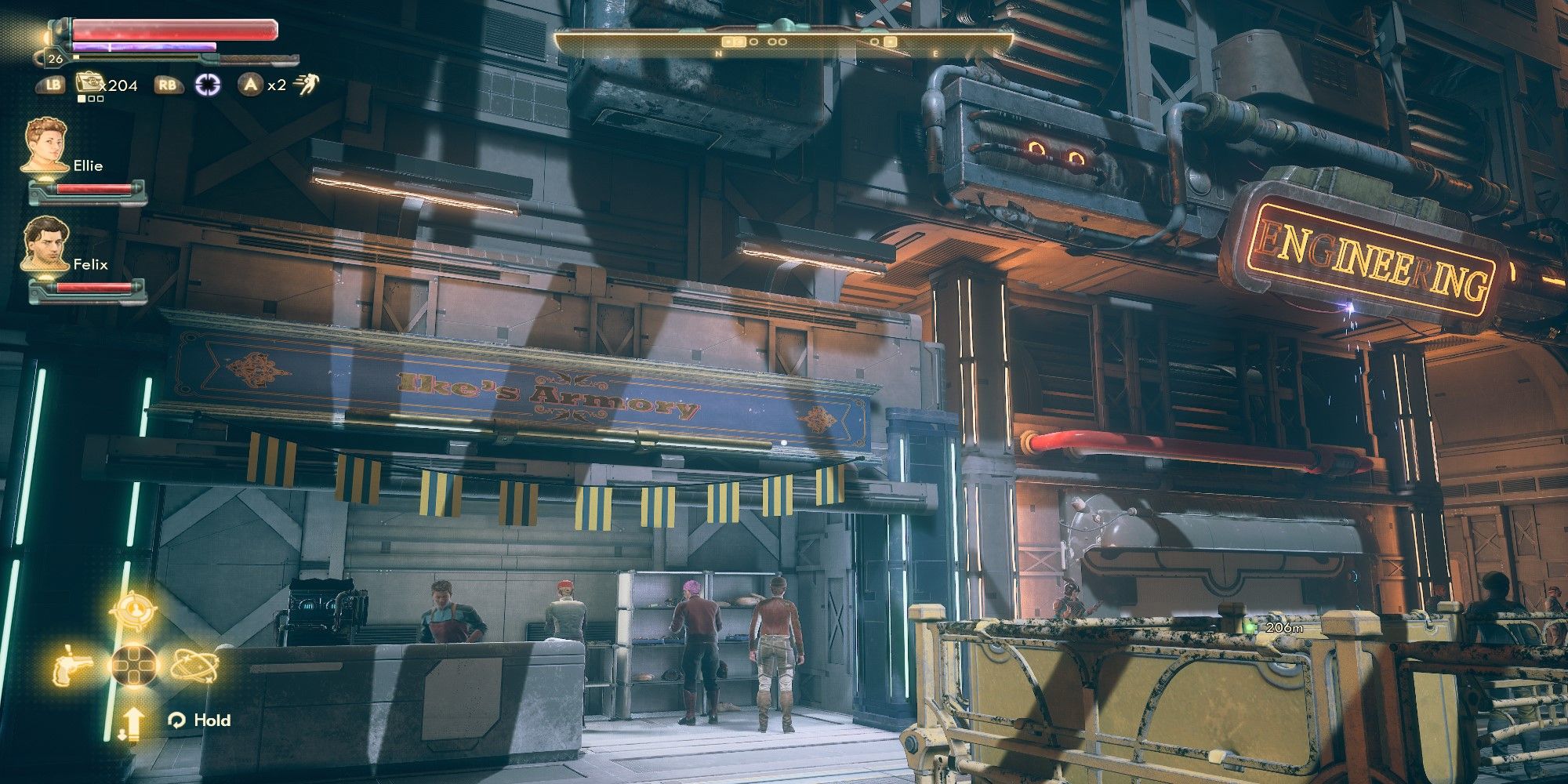 The Outer Worlds Ike's Armory and Engineering signs on the Groundbreaker