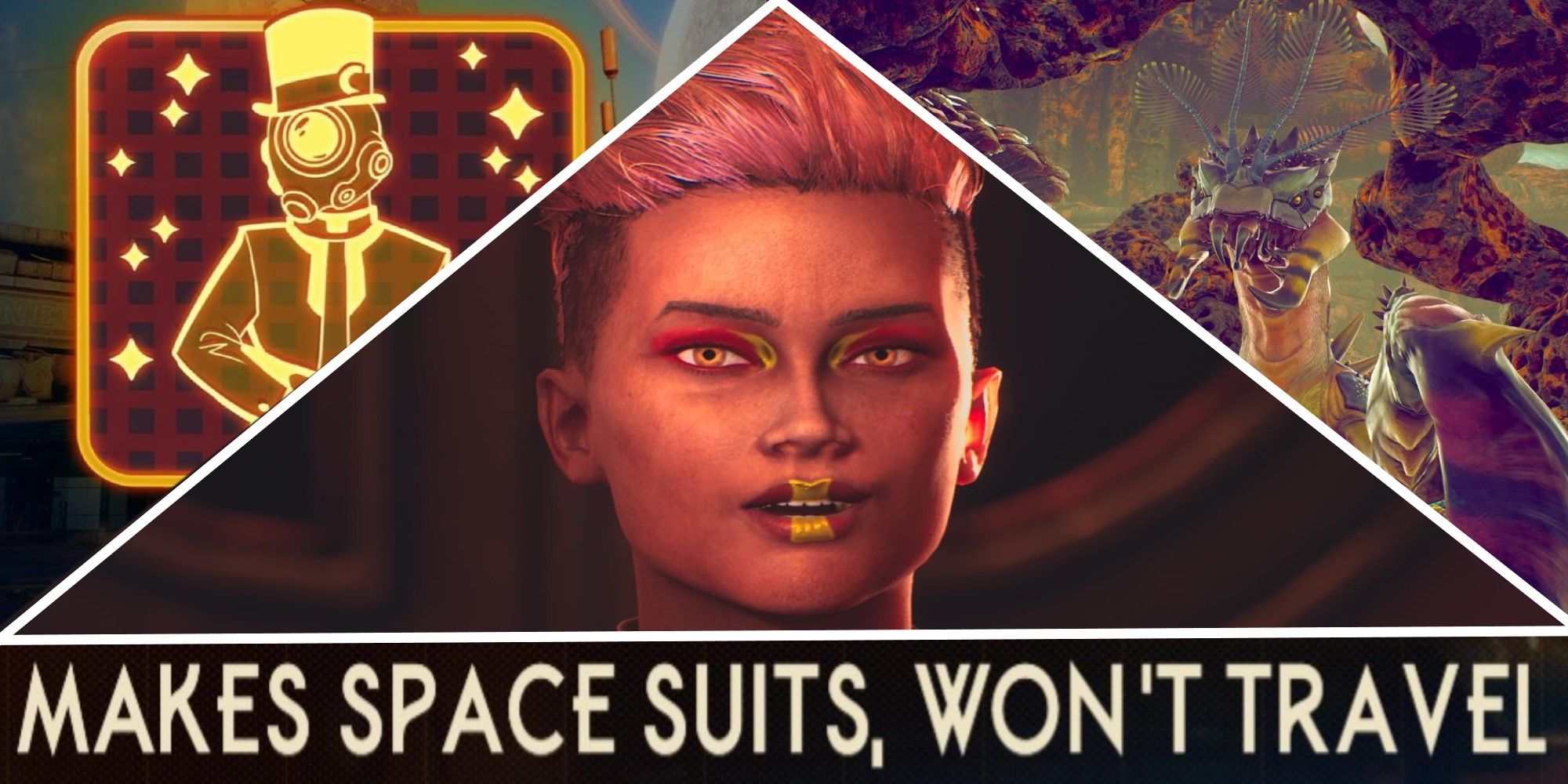 The Outer Worlds Split Image with Celeste Joliceour the Well Dressed Achievement a Mantiqueen and a guest title for Makes Space Suits, Won't Travel