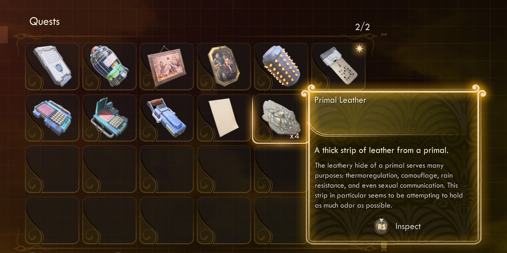 The Outer Worlds Primal Leather in the quests section of the player's inventory