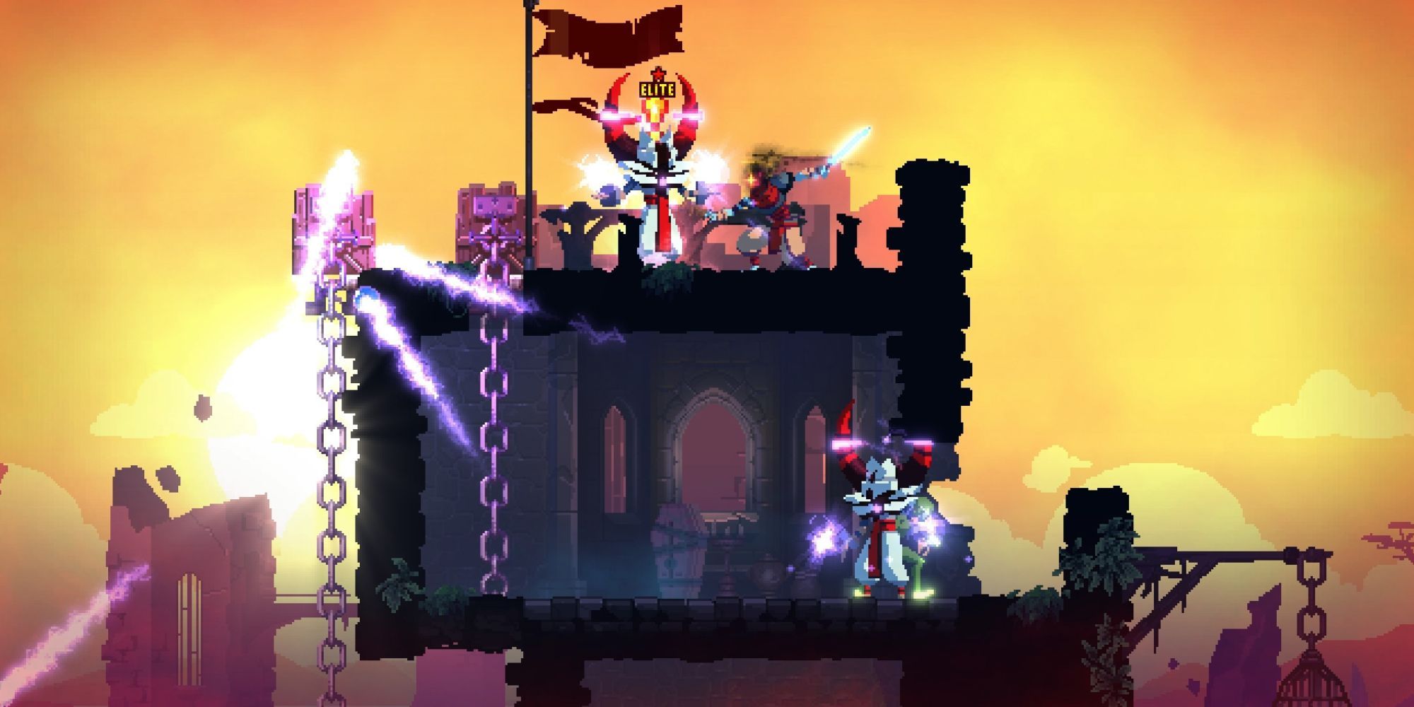 Dead cells character fighting baddies on a castle