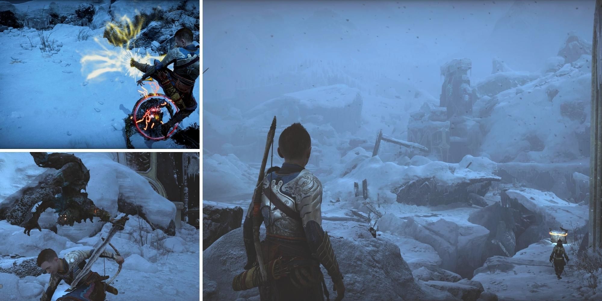God of War Ragnarok Atreus fighting in snow in 3 panels