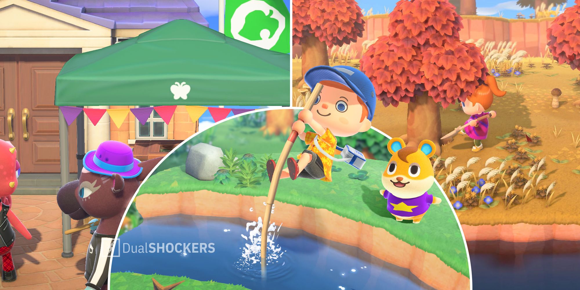 Animal Crossing: New Horizons Fishing Tourney, character hopping the river, character using shovel in fall time
