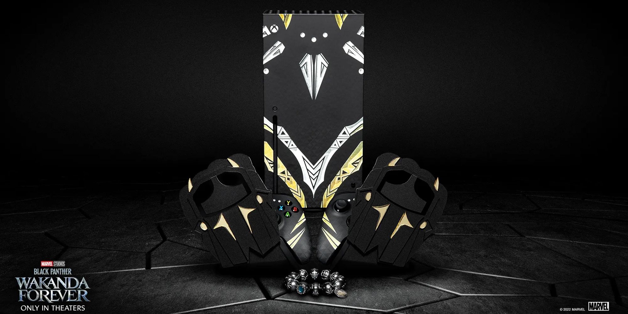 black panther wakanda forever xbox series x featuring two controllers and set of beads