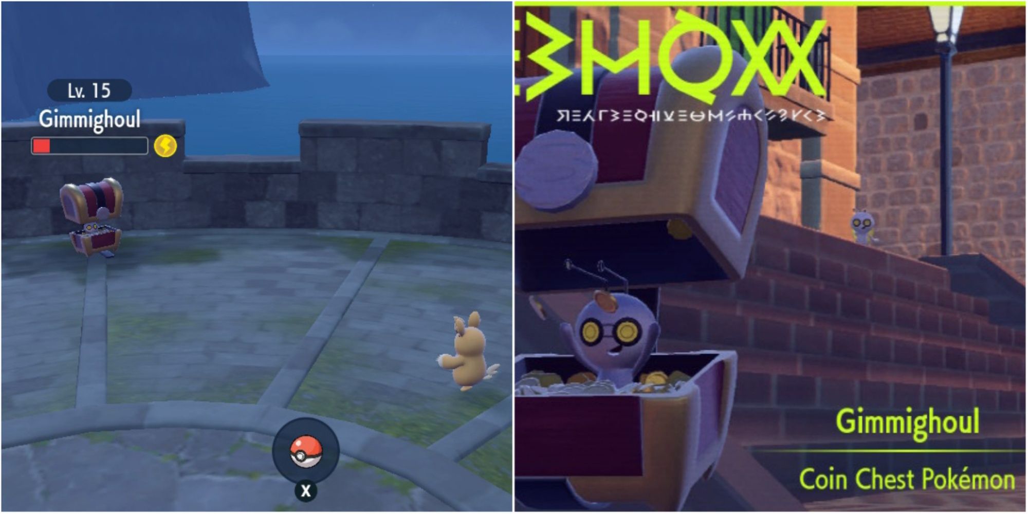 Trainer battles Gimmighoul and Gimmighoul pokedex entry