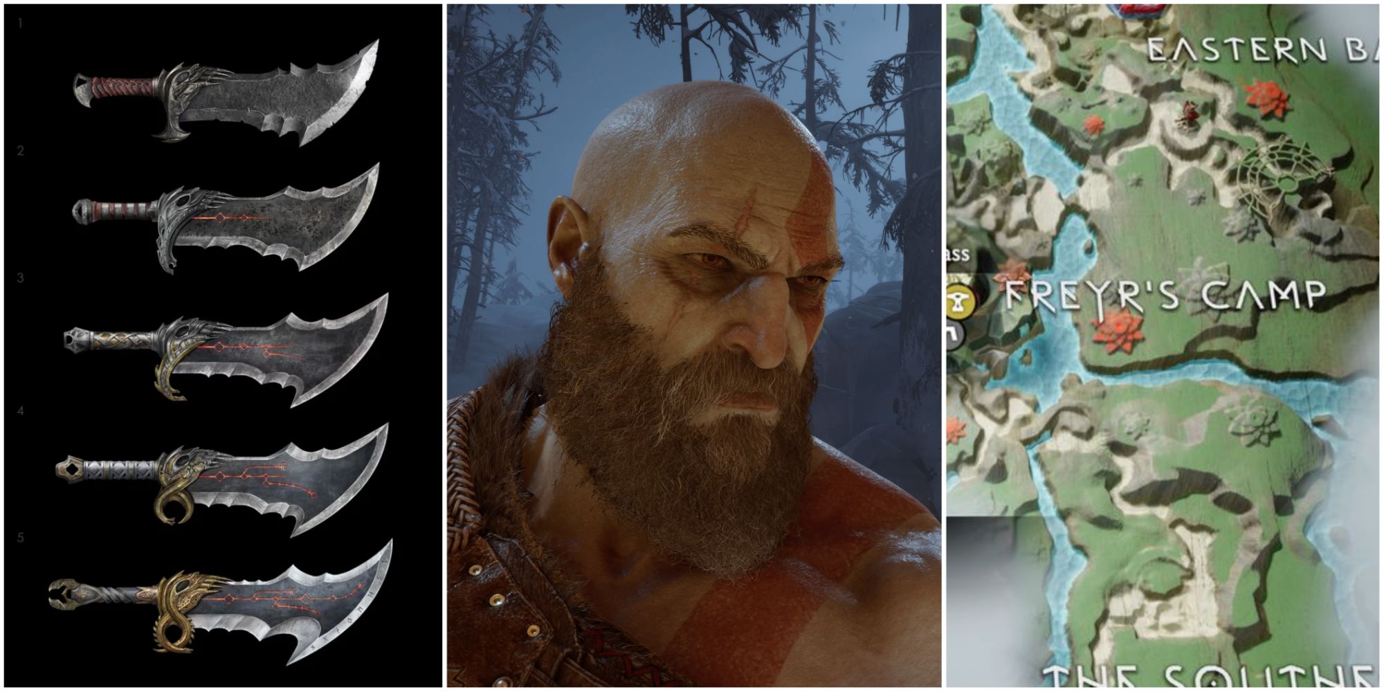 God of War Ragnarok  blades of chaos, kratos, and map