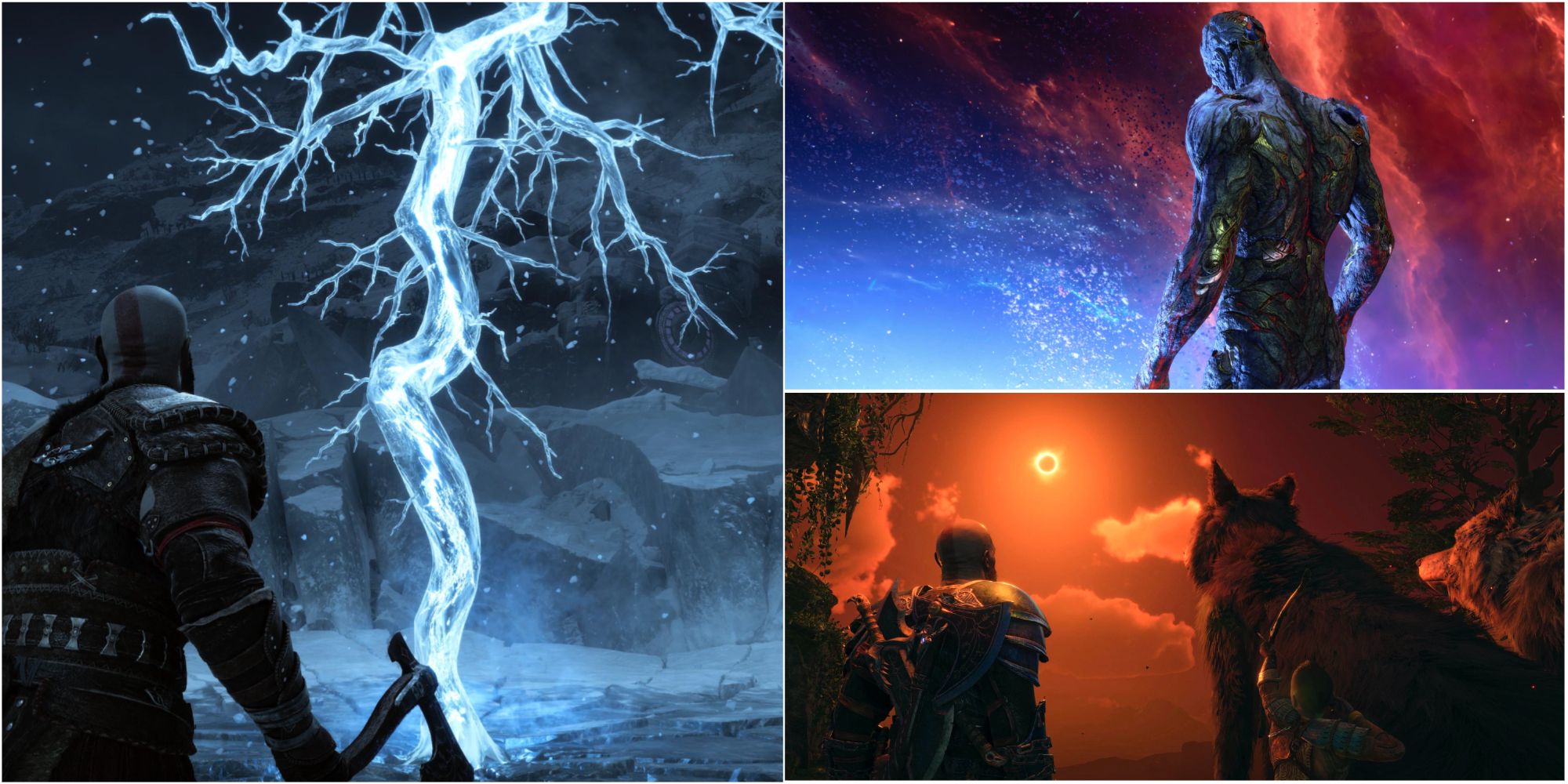 Kratos in front of frozen lightning, Surtr in The Spark of the World, Atreus Shoots Arrow at Eclipse