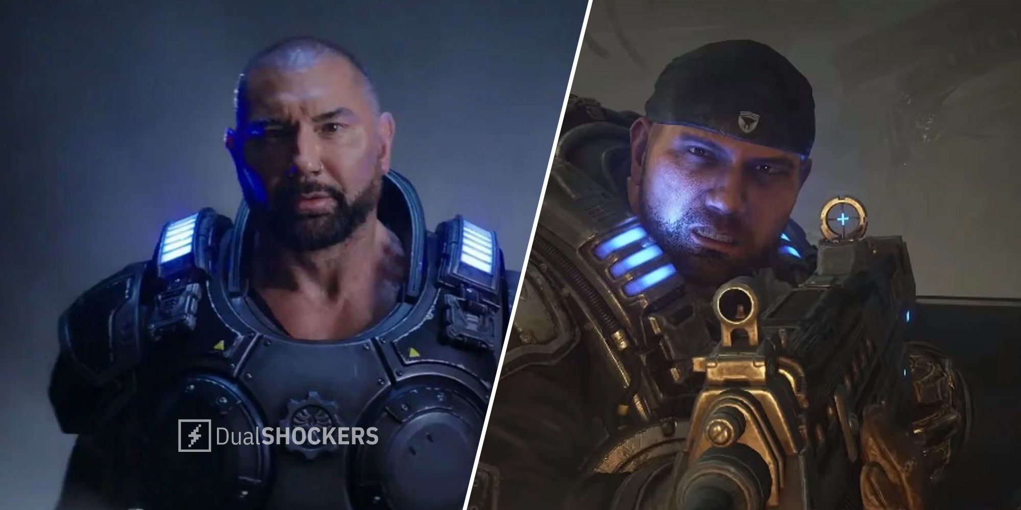 Dave Bautista dressed as Marcus Fenix from Gears Of War, Marcus Fenix Gears of War gameplay