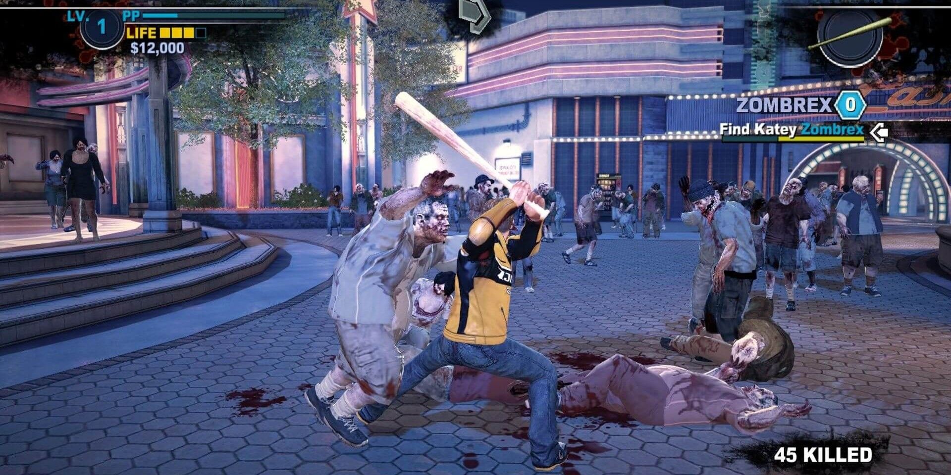 Dead Rising Chuck beats a zombie with a bat
