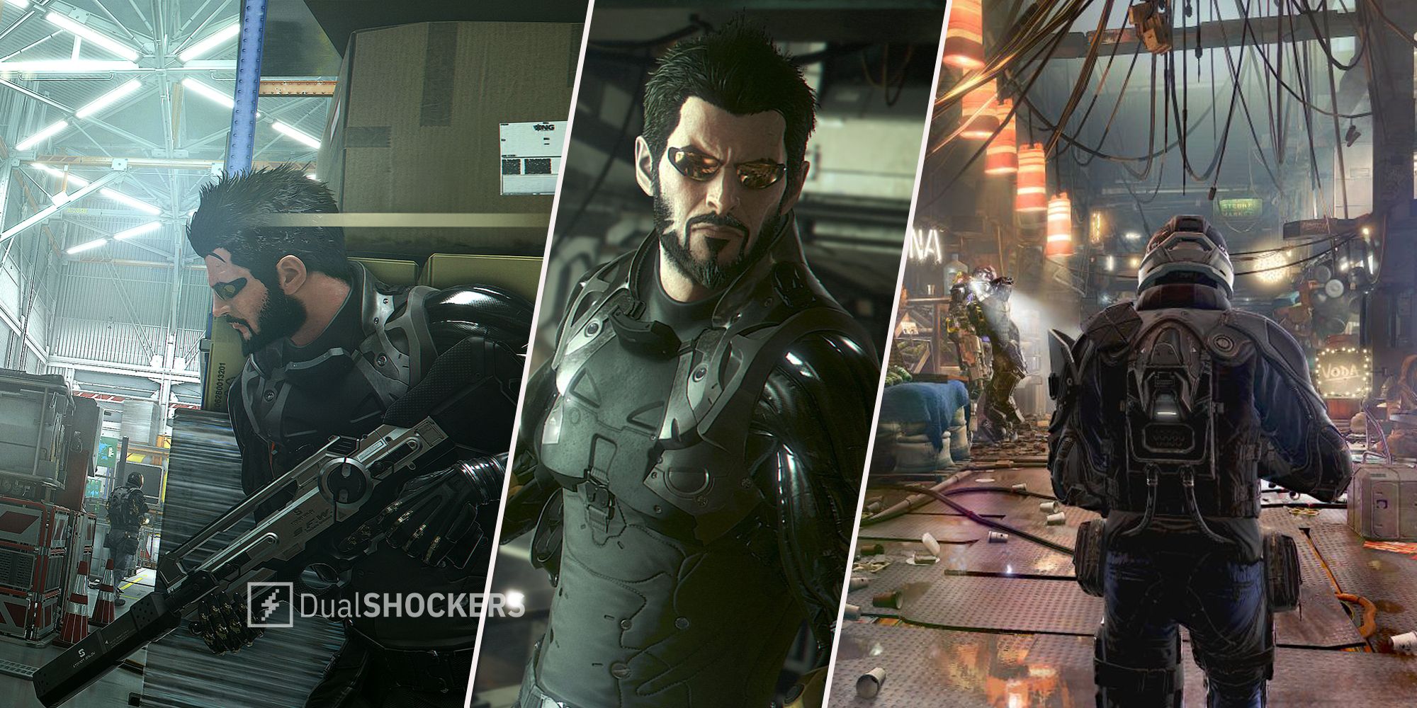 Deus Ex: Mankind Divided Adam Jensen hiding with gun and walking through a city