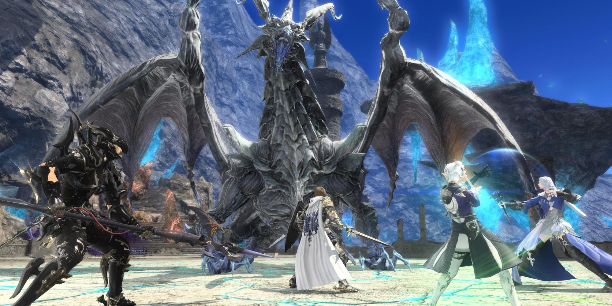 Estinien, Alphinaud, Ysayle, and the Warrior of Light in a battle in Final Fantasy XIV