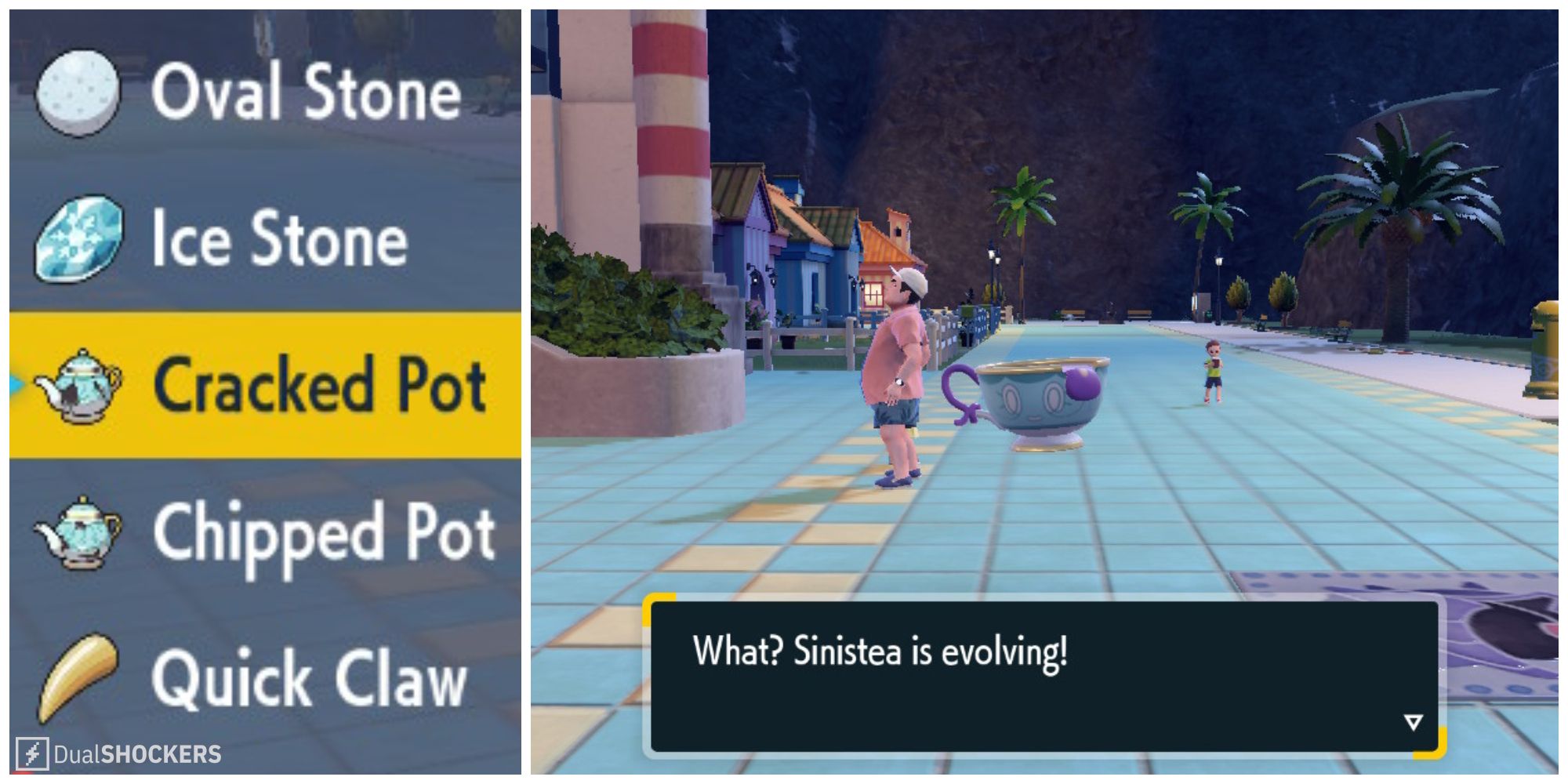 Split image of a Cracked Pot and Chipped Pot in inventory and Sinistea evolving in Pokemon Scarlet & Violet.