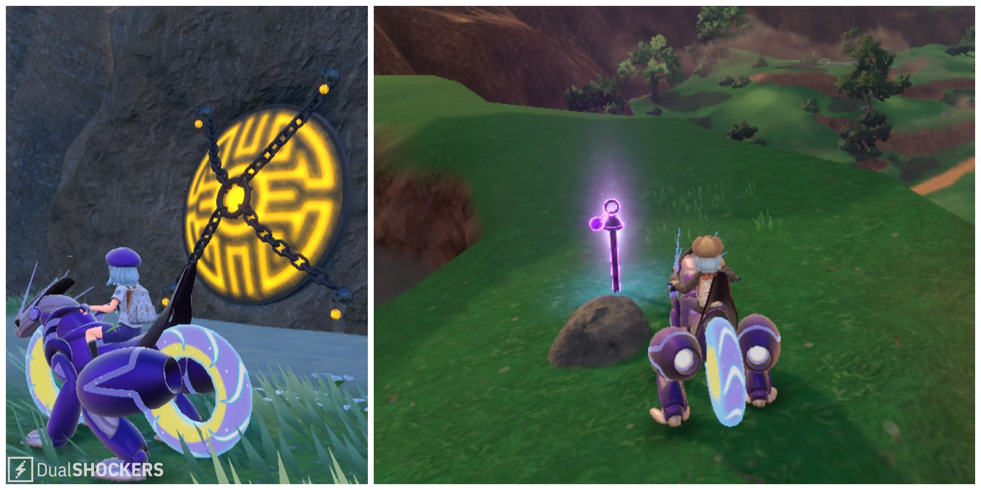 Split image of the entrance to the Icerend Shrine and a Purple Ominous Stake in Pokemon Scarlet & Violet.
