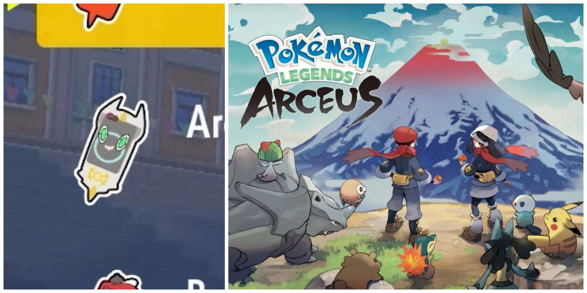 Split image of the Arc Phone Case in Pokemon Scarlet & Violet and the cover art for Pokemon Legends: Arceus.