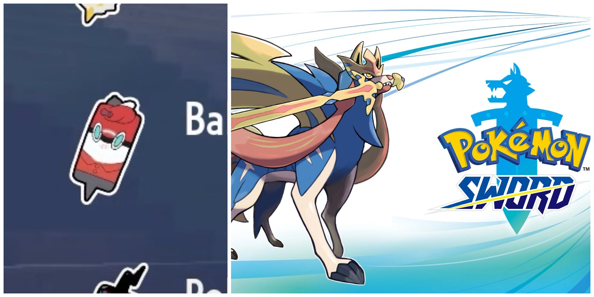 Split image of the Ball Guy Phone Case in Pokemon Scarlet & Violet and the cover art for Pokemon Sword.