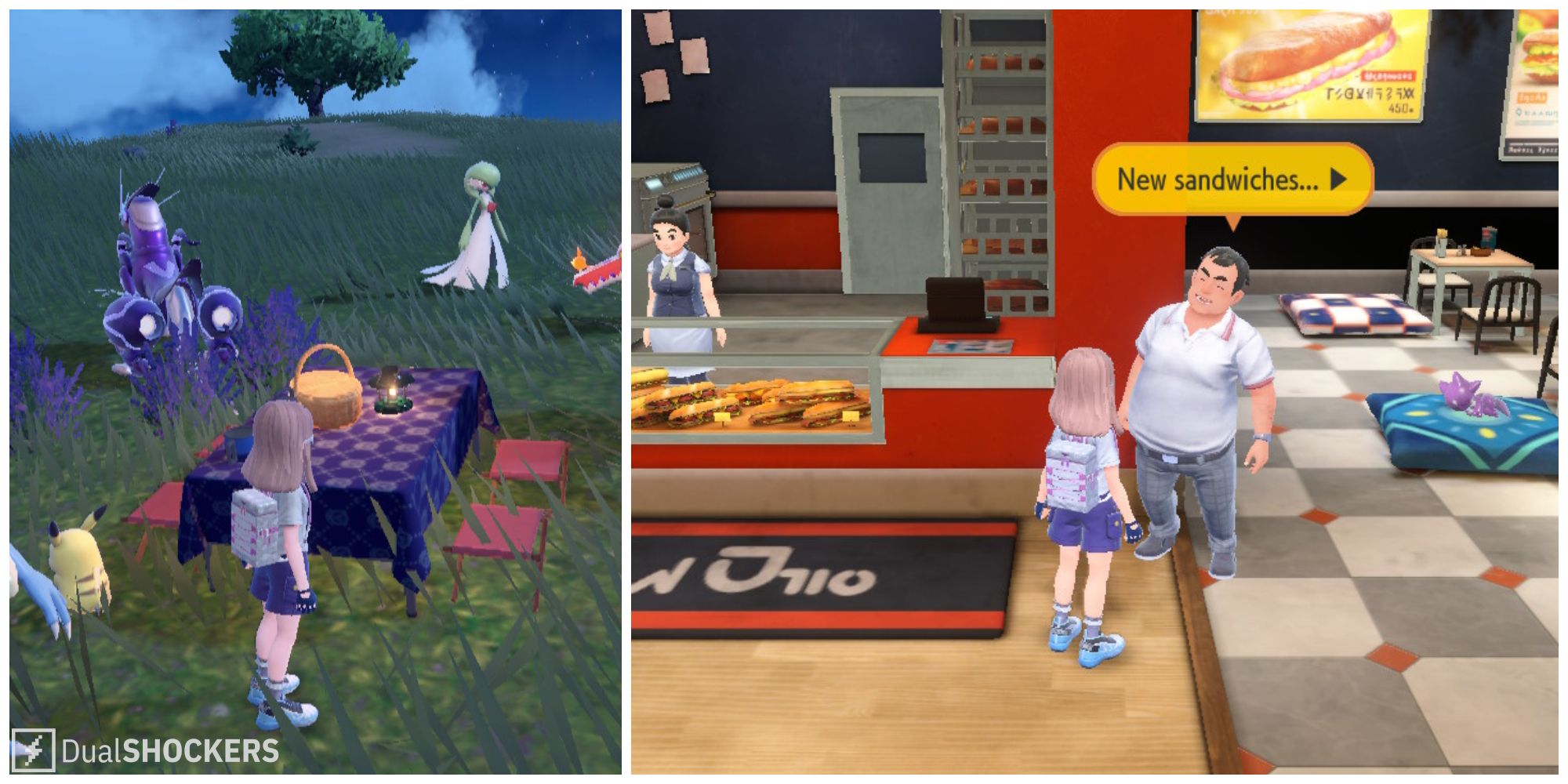 Split image of the main character on a picnic and the main character visiting Every Wich Way in Pokemon Scarlet & Violet.