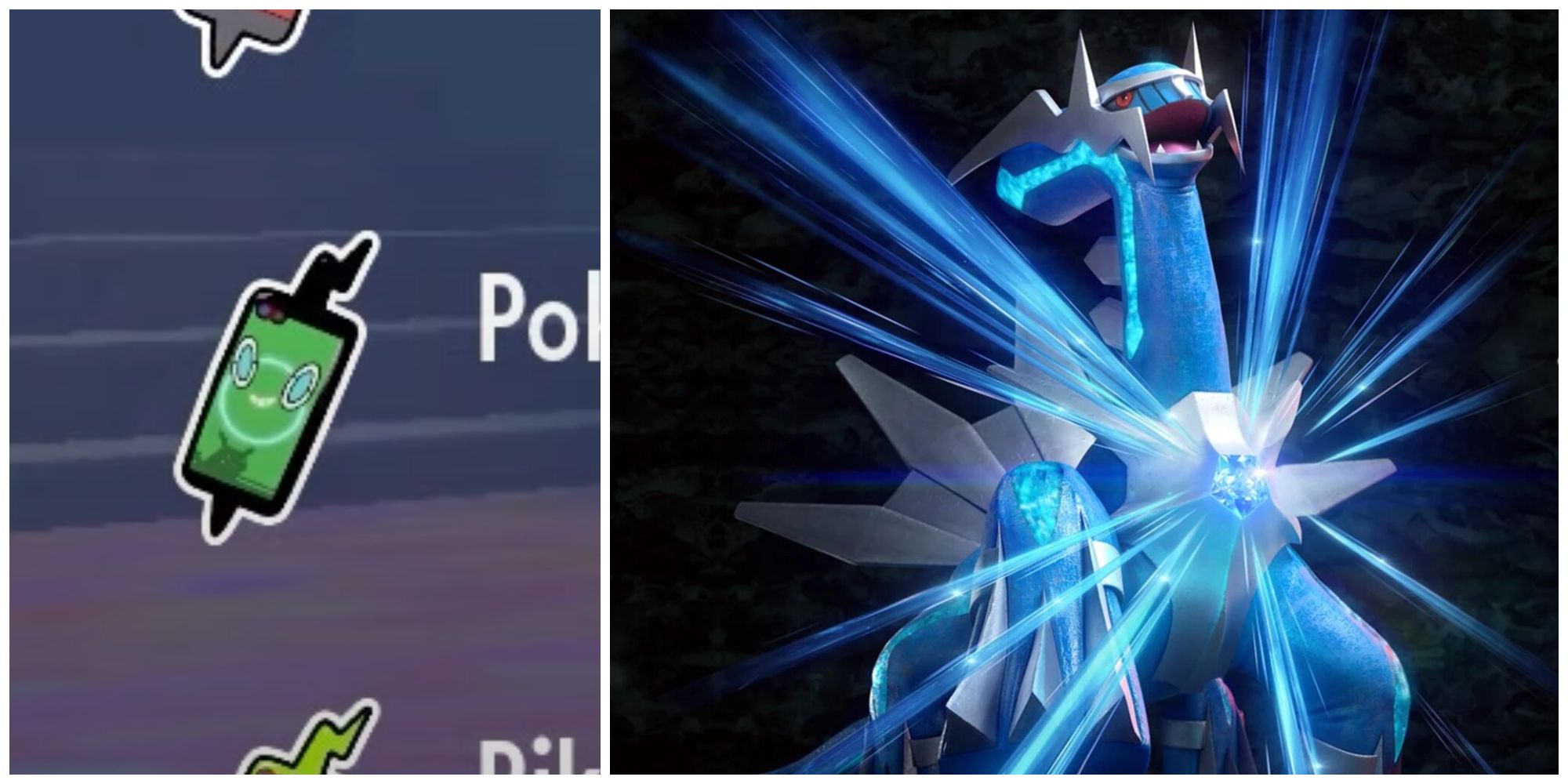 Split image of the Poketech Case in Pokemon Scarlet & Violet and the cover art for Pokemon Brilliant Diamond.
