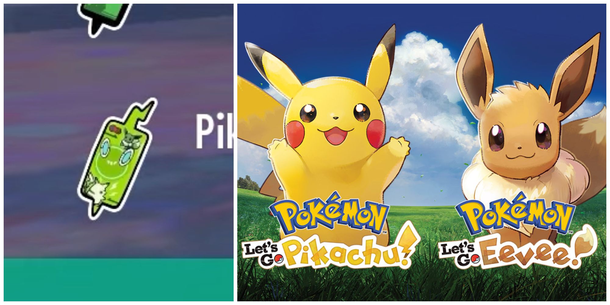 Split image of the Pika-Vee Case in Pokemon Scarlet & Violet and the cover art for Let's Go, Pikachu and Let's Go, Eevee.