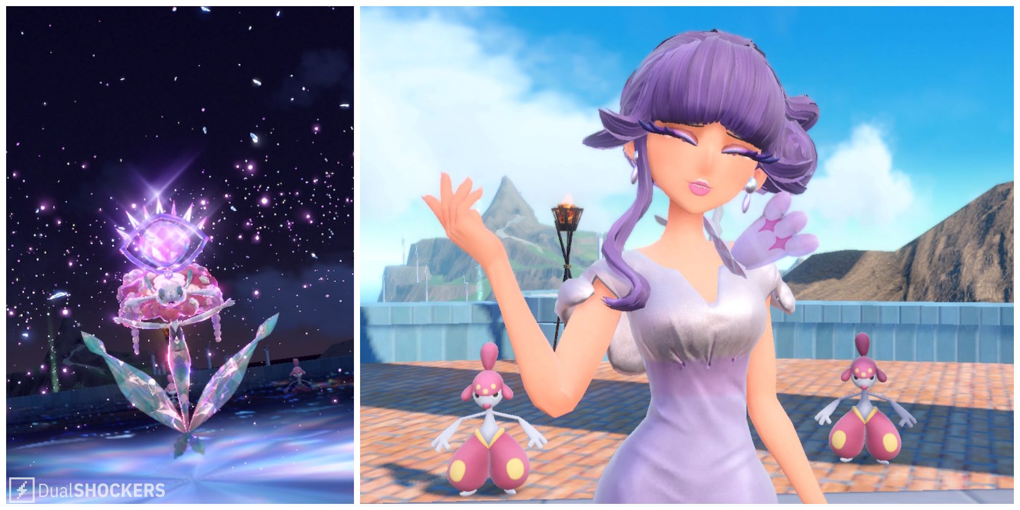 Split image of the Pokemon Florges in Tera Type form and Tulip from the Alfornada Gym in Pokemon Scarlet & Violet.