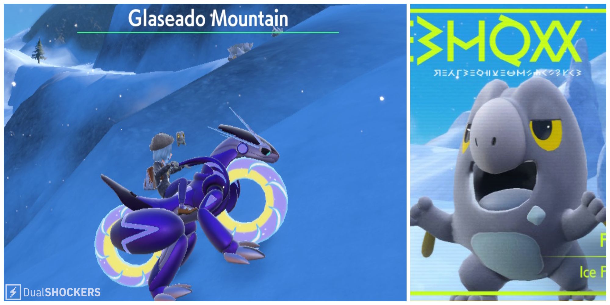 Split image of the main character on Glaseado Mountain and the Pokedex entry for Frigibax in Pokemon Scarlet & Violet.