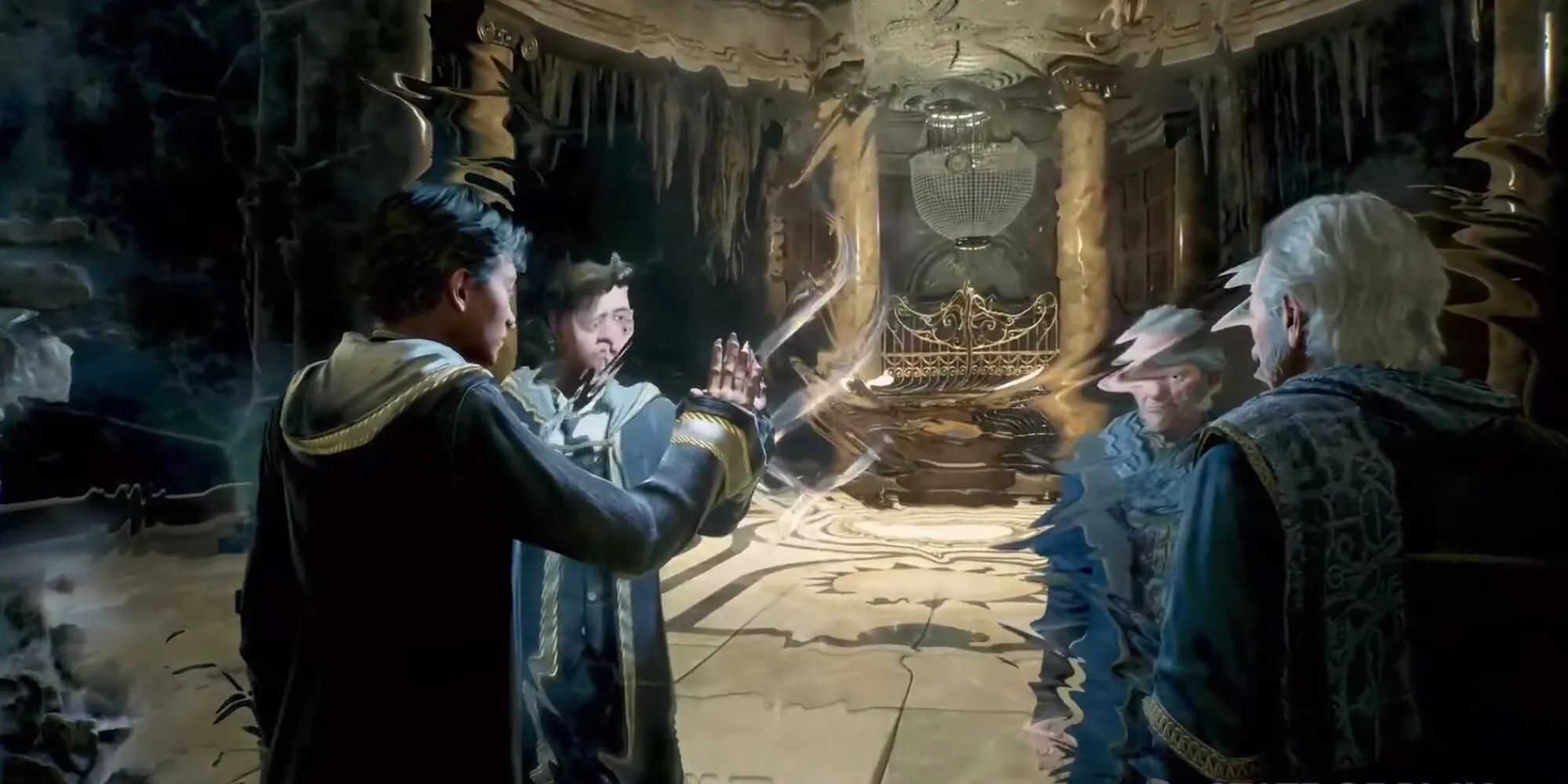 The Hogwarts Legacy player character stands in front of a swirling mirror