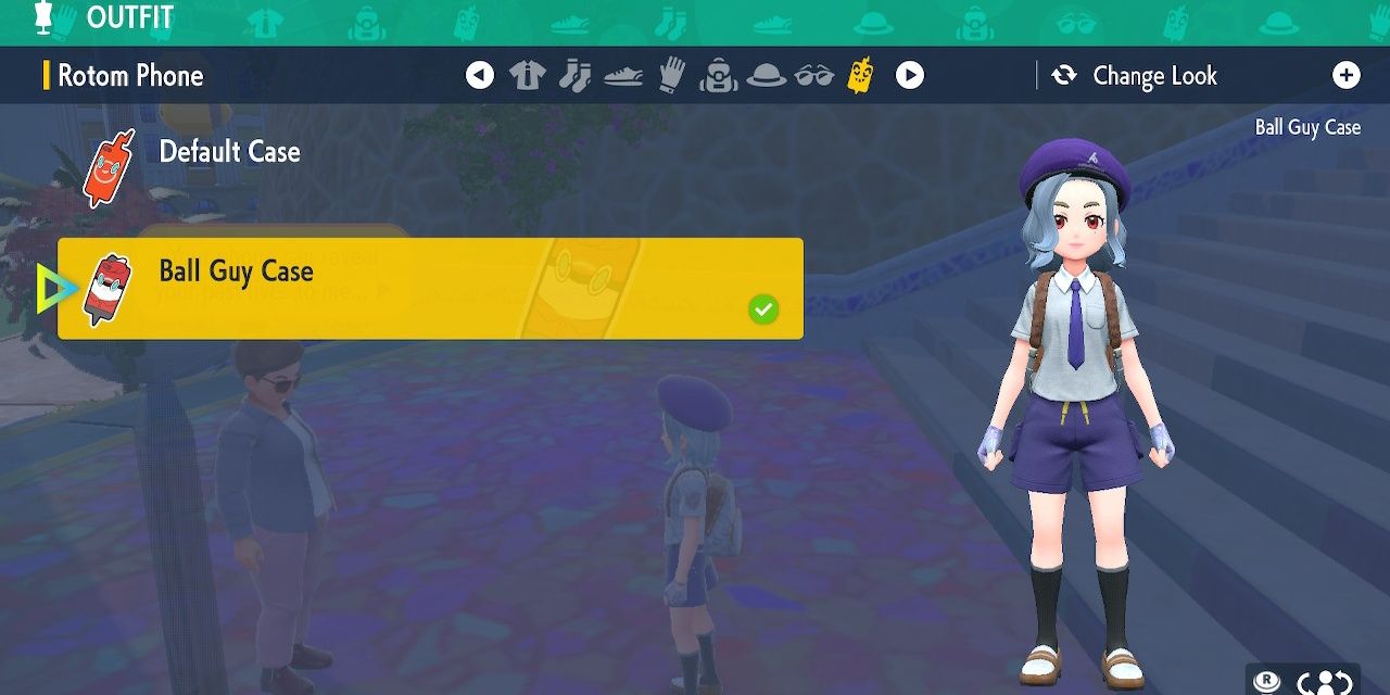 Image of the outfit selection menu and the Rotom Phone Case options in Pokemon Scarlet & Violet.