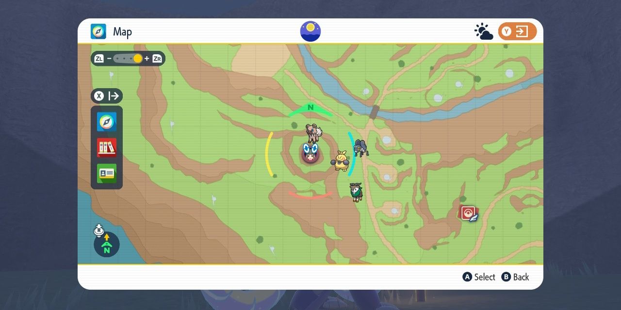 Bild des fünften gelben, ominösen Pfahlstandorts auf der Karte in Pokémon Scarlet & Violet.