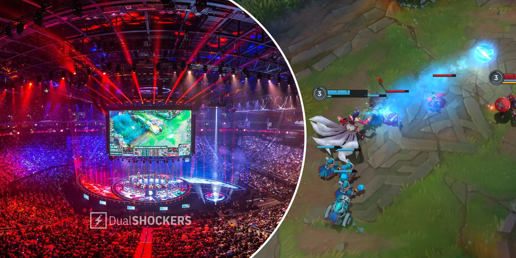 League of Legends World Championship arena with crowd and League of Legends gameplay
