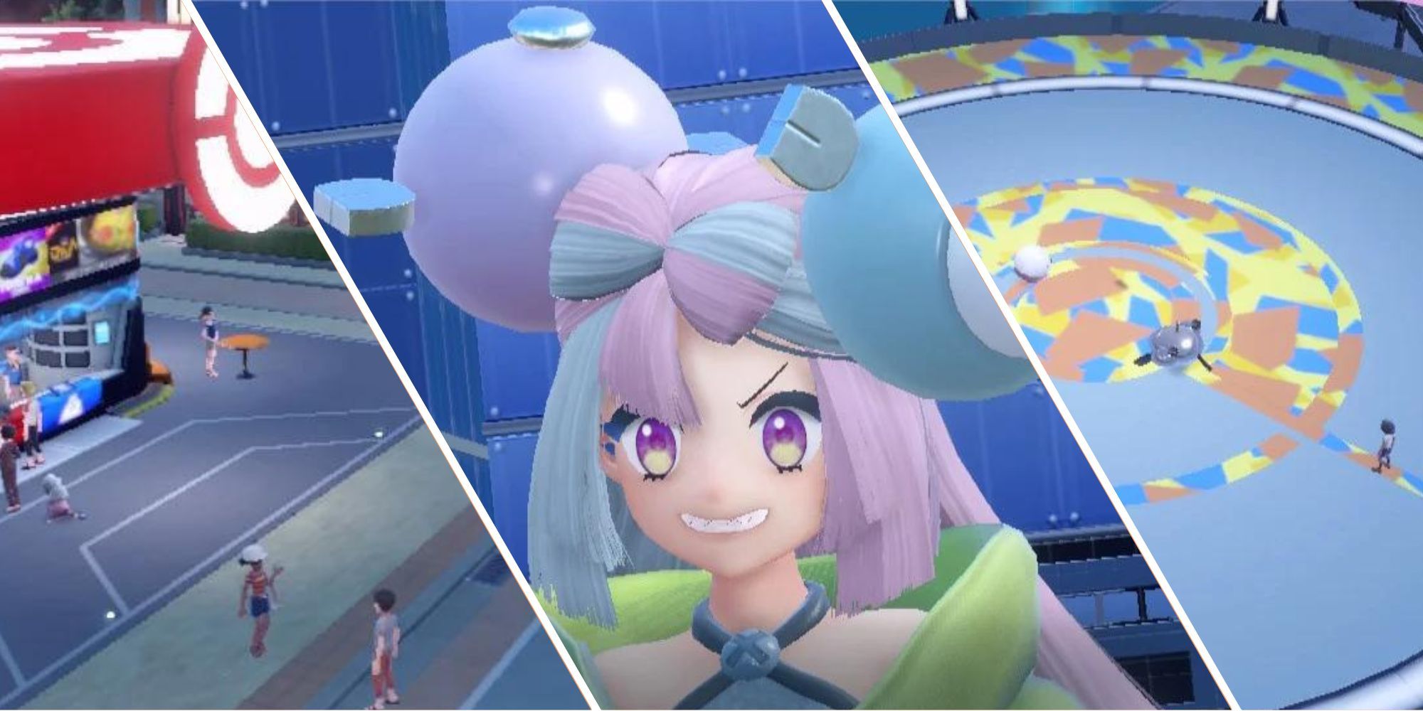 Split image of a Pokémon Center, Iono, and a battle court in Pokémon Scarlet & Violet. 