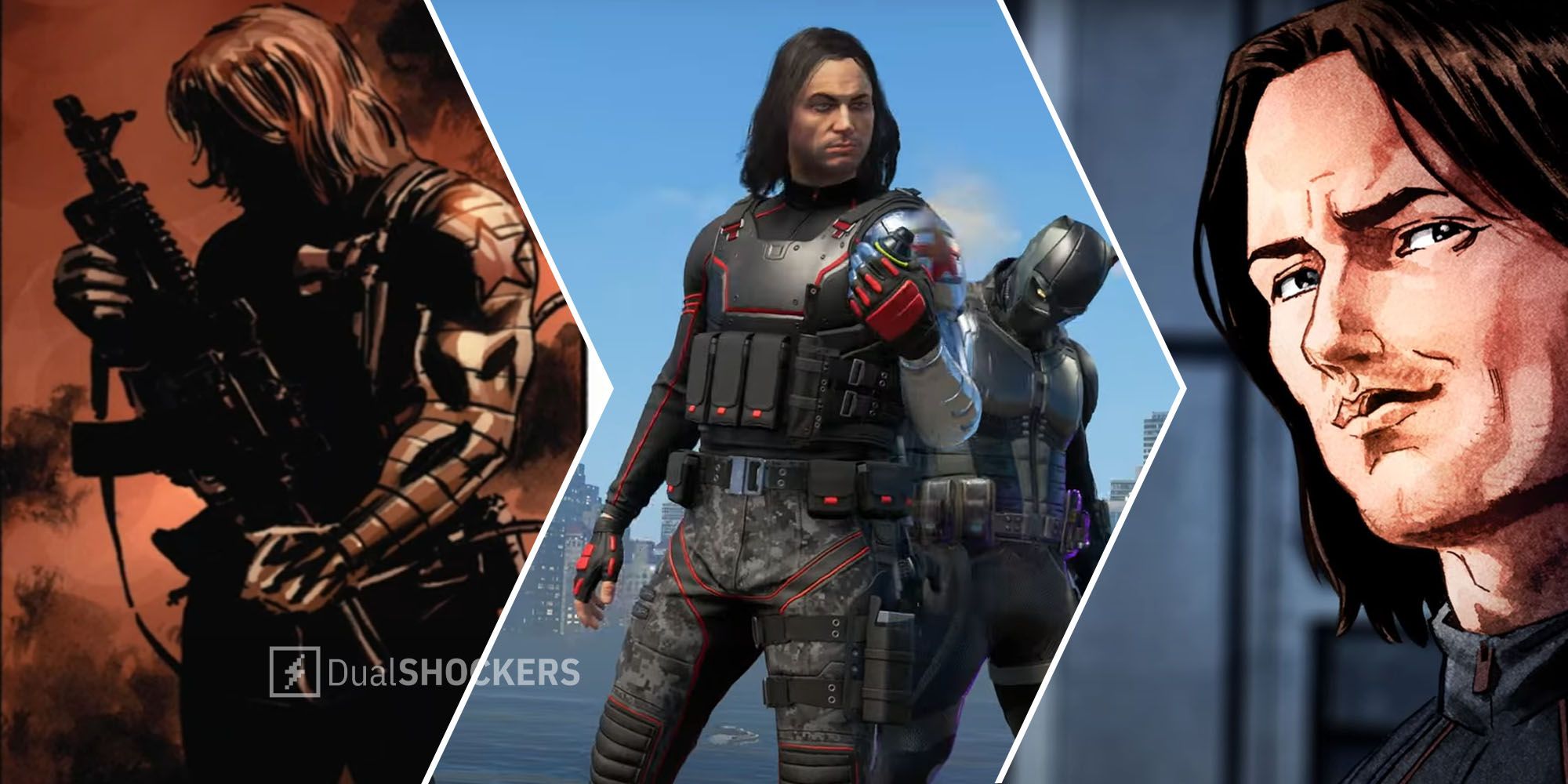 Marvel's Avengers The Winter Soldier is holding a rifle and a grenade