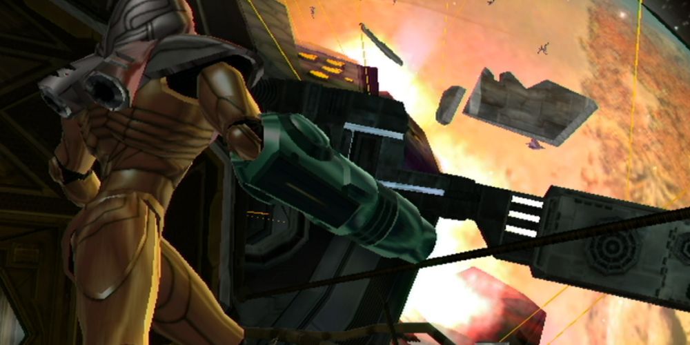 Samus Aran looking at destruction in Metroid Prime