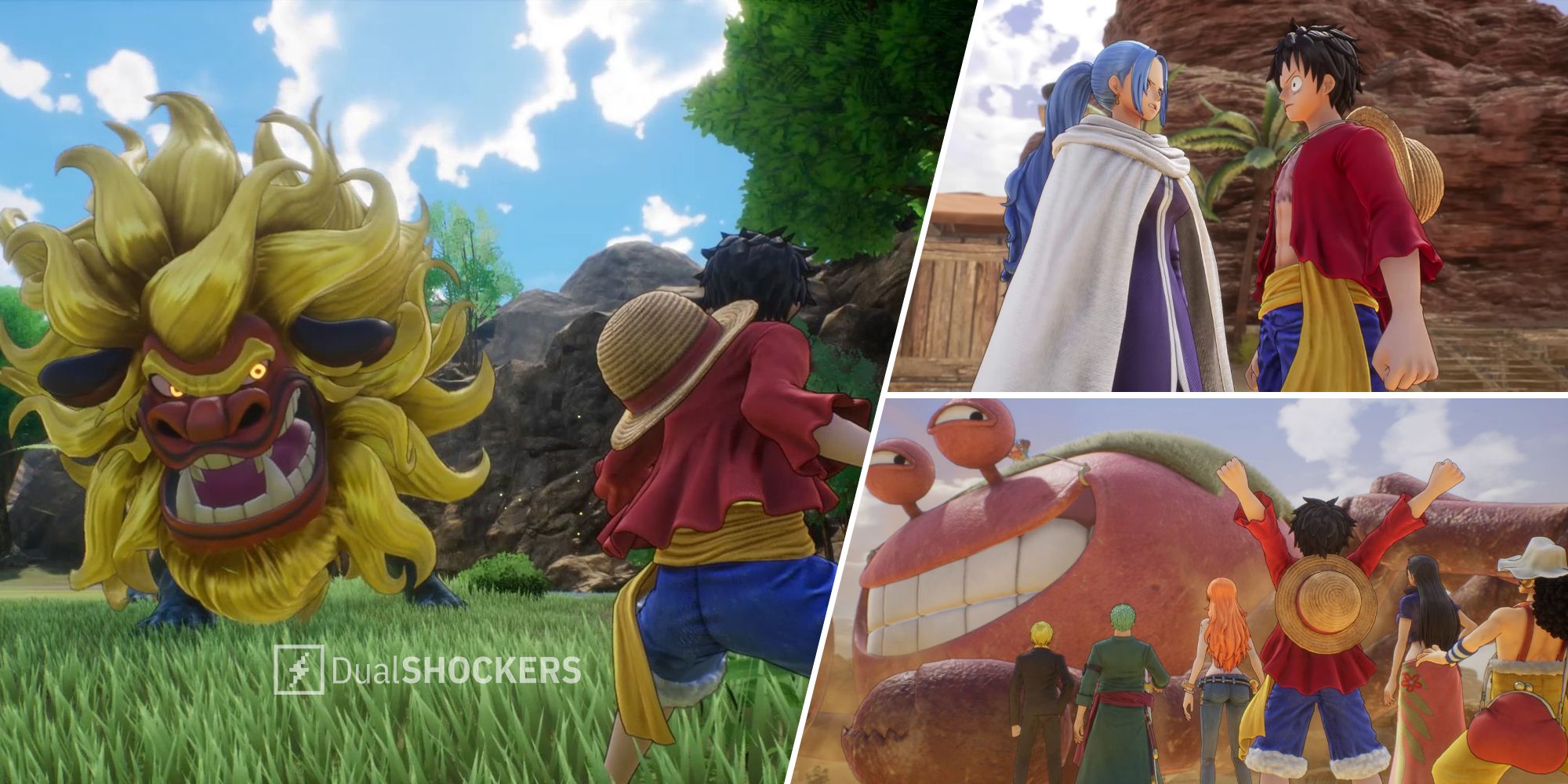 One Piece Odyssey gameplay Luffy battling monsters with crew