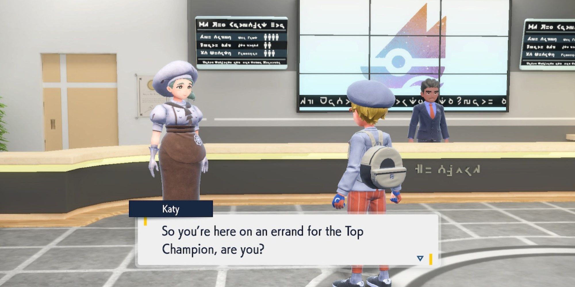 Pokemon Scarlet And Violet Gym Leader Katy asking about an errand the player is doing for the Top Champion