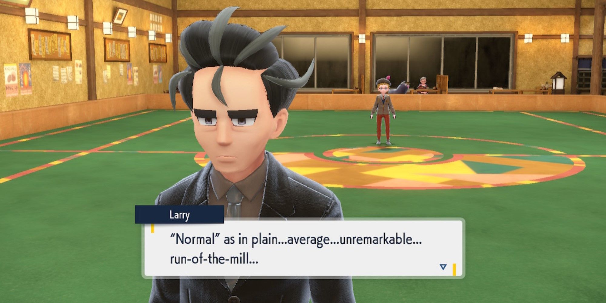 Pokemon Scarlet And Violet Gym Leader Larry telling the player why he likes normal-type Pokemon
