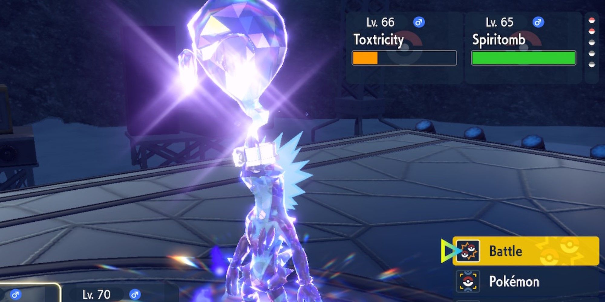 Pokemon Scarlet And Violet Ryme's Ghost Tera Toxtricity at level 66 during rematch