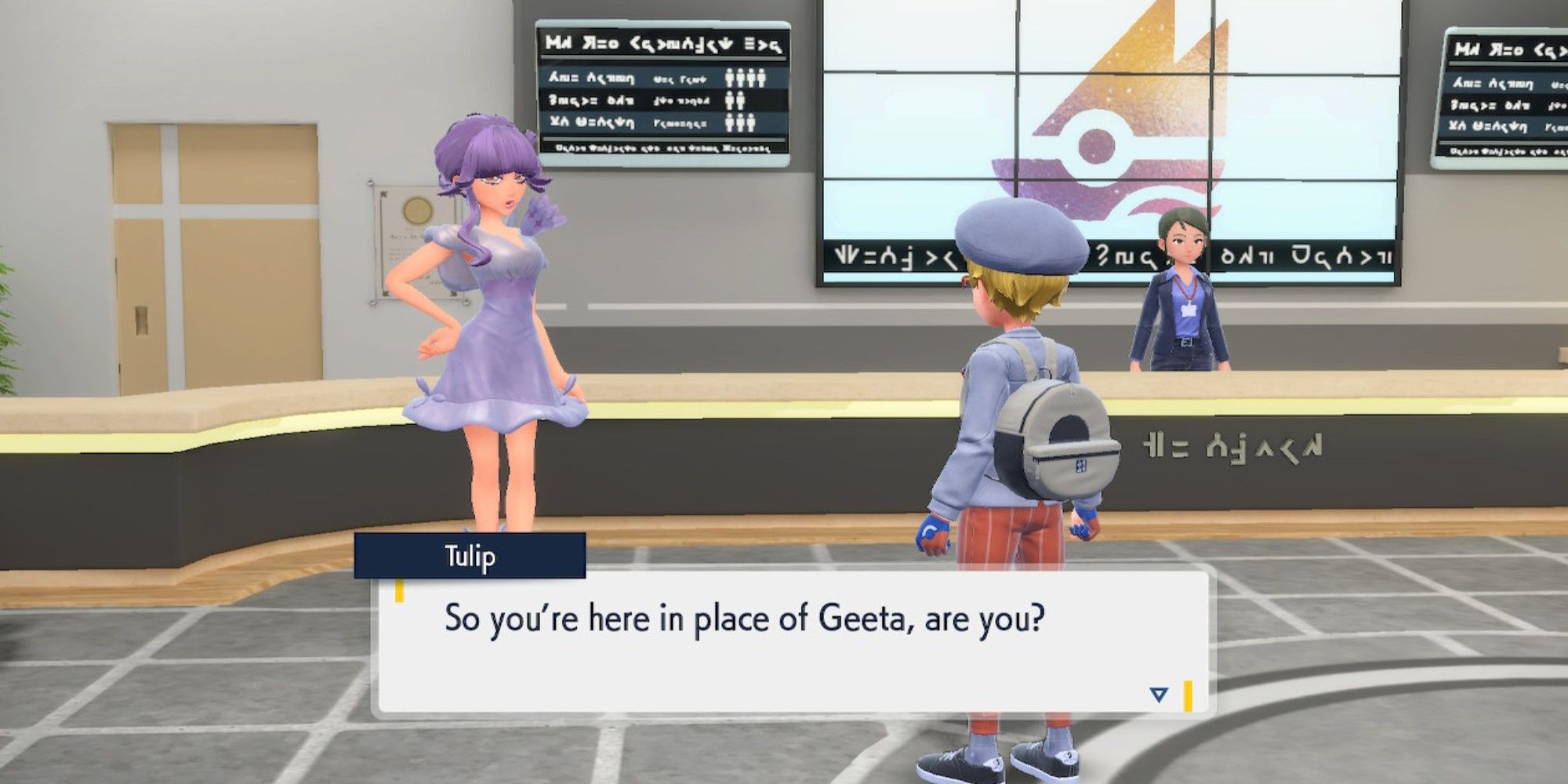 Pokemon Scarlet And Violet Gym Leader Tulip saying to the player so you're here in place of Geeta are you