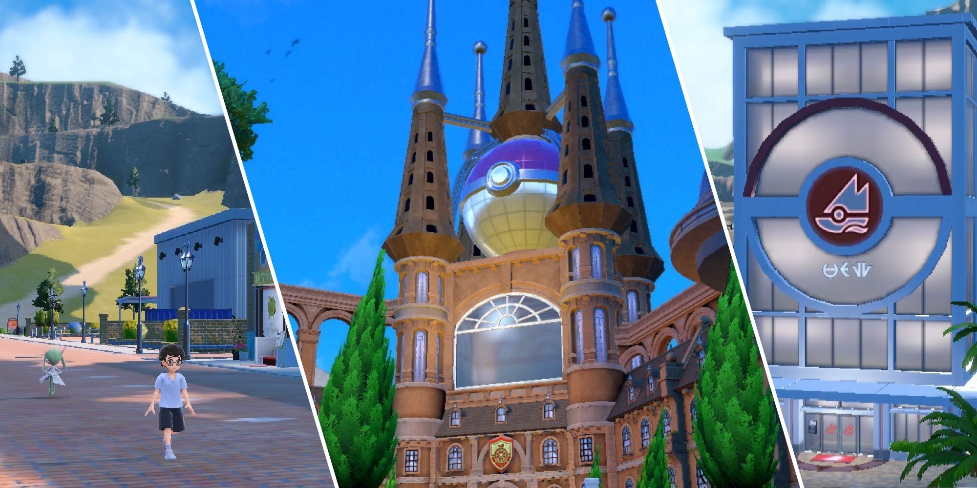 A split image featuring three cities in Paldea in Pokémon: Alfornada (left), Mesagoza (middle), and Cortondo (right).