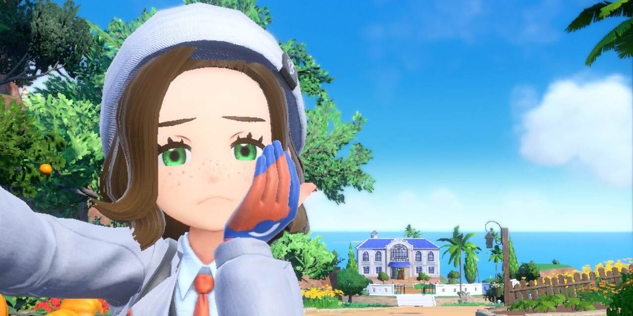 A sad selfie in Pokémon Scarlet & Violet, near the player's house.