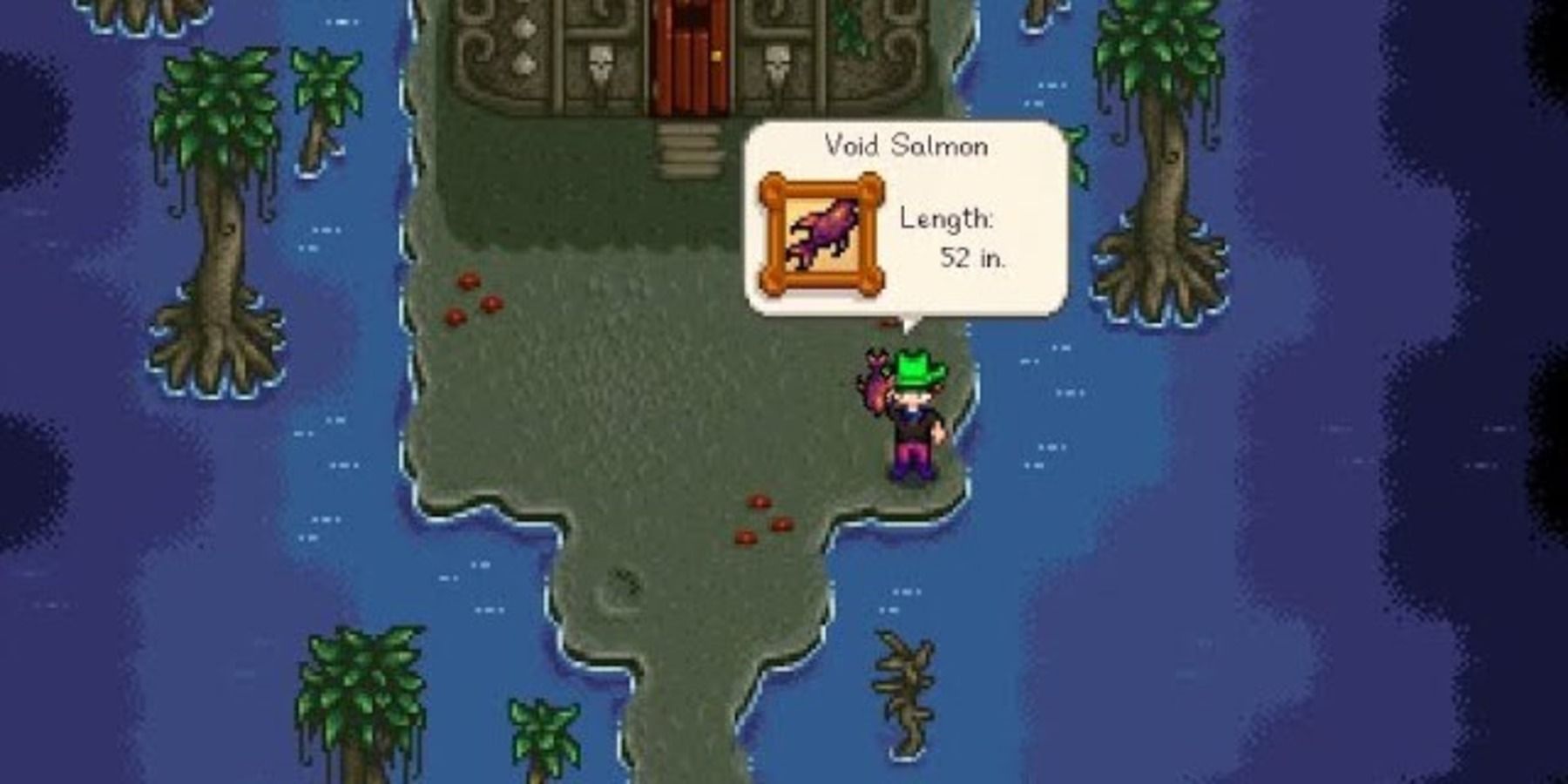 A player catching a Void Salmon in the Witch's Swamp, close to the Witch's Hut, in Stardew Valley.