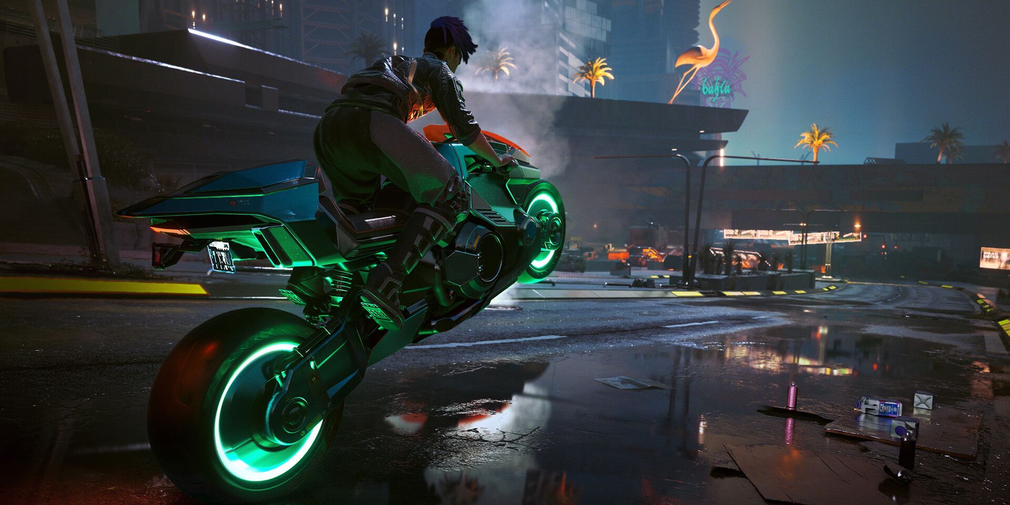 Player character V rides a motorcycle in Cyberpunk 2077