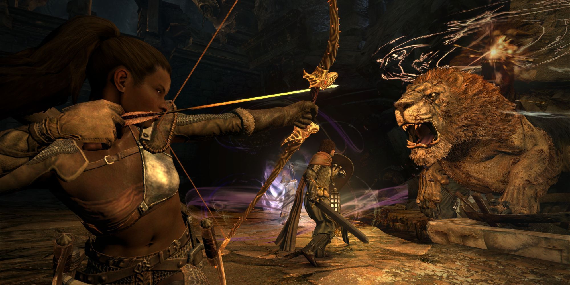 Combat between a player character, pawns, and a monster in Dragon's Dogma: Dark Arisen