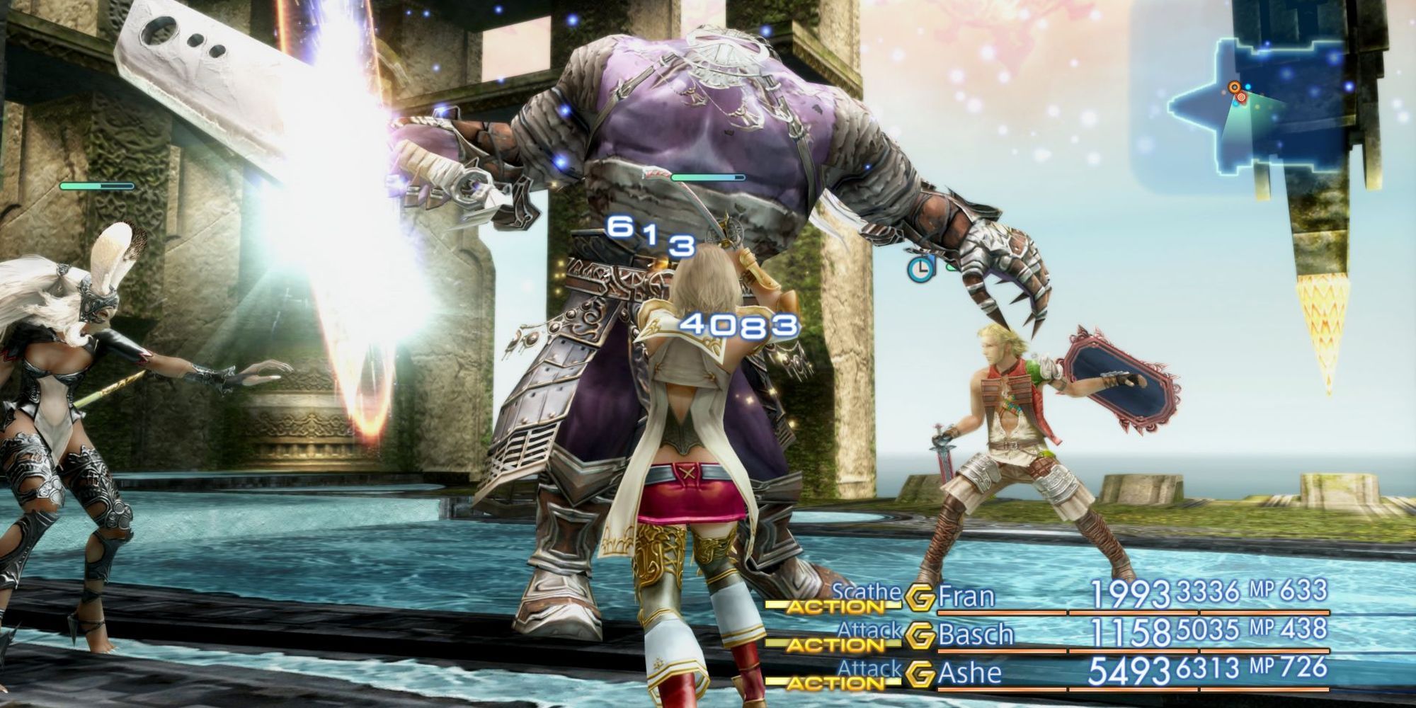 Fran, Basch, and Ashe fight a boss in Final Fantasy XII