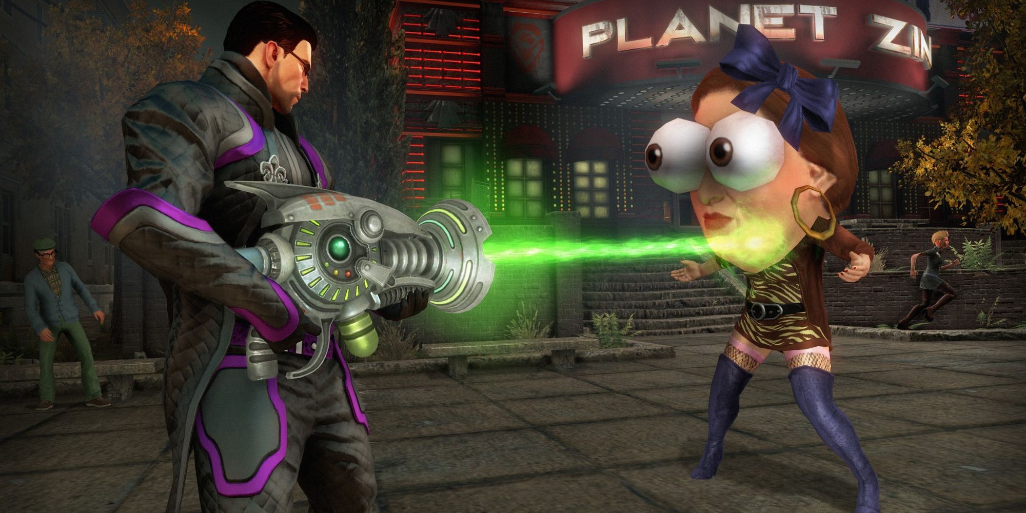 The Boss uses a special weapon to expand and destroy a pedestrian in Saints Row 4