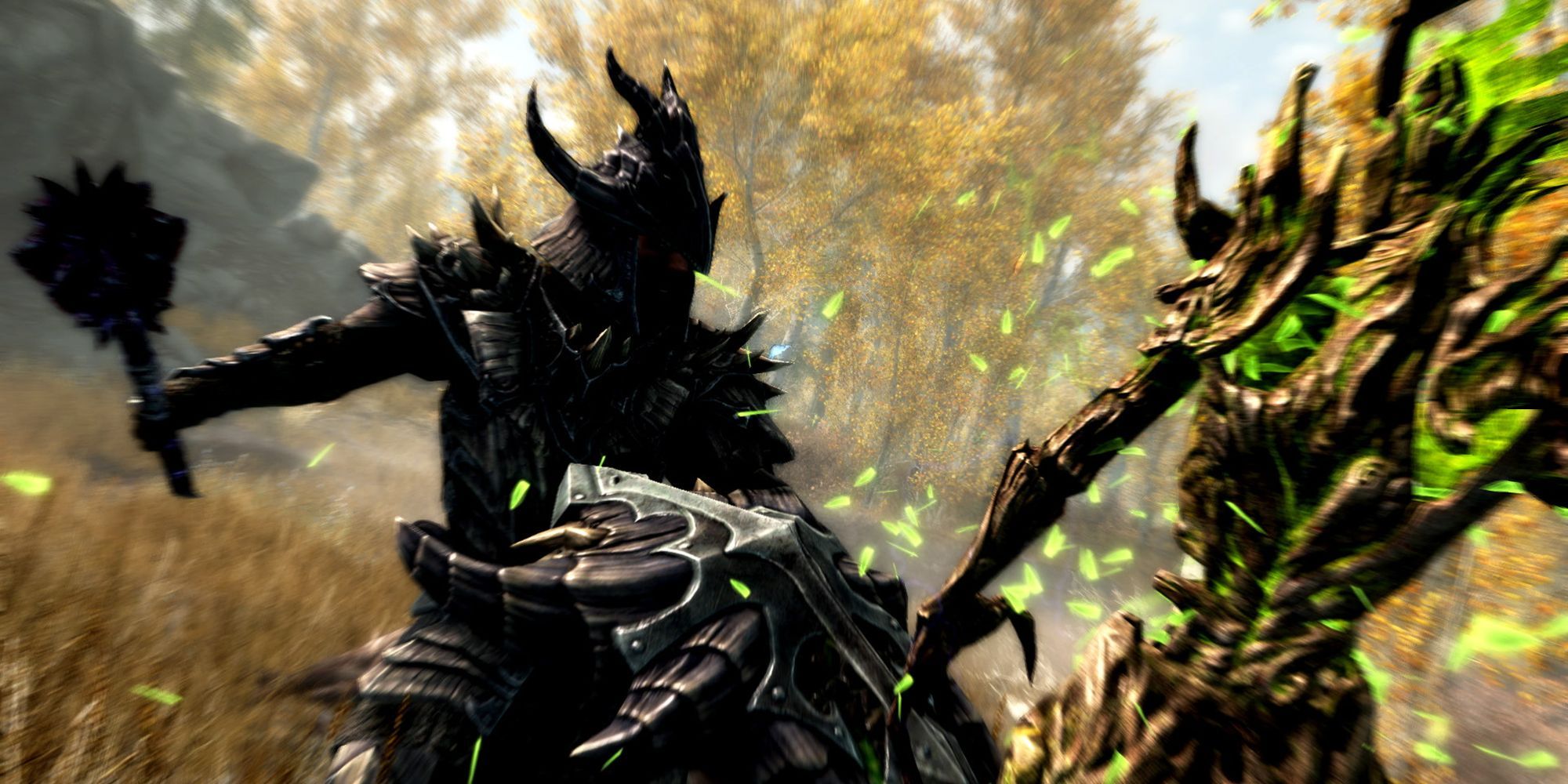 A player character fights a monster in Skyrim.