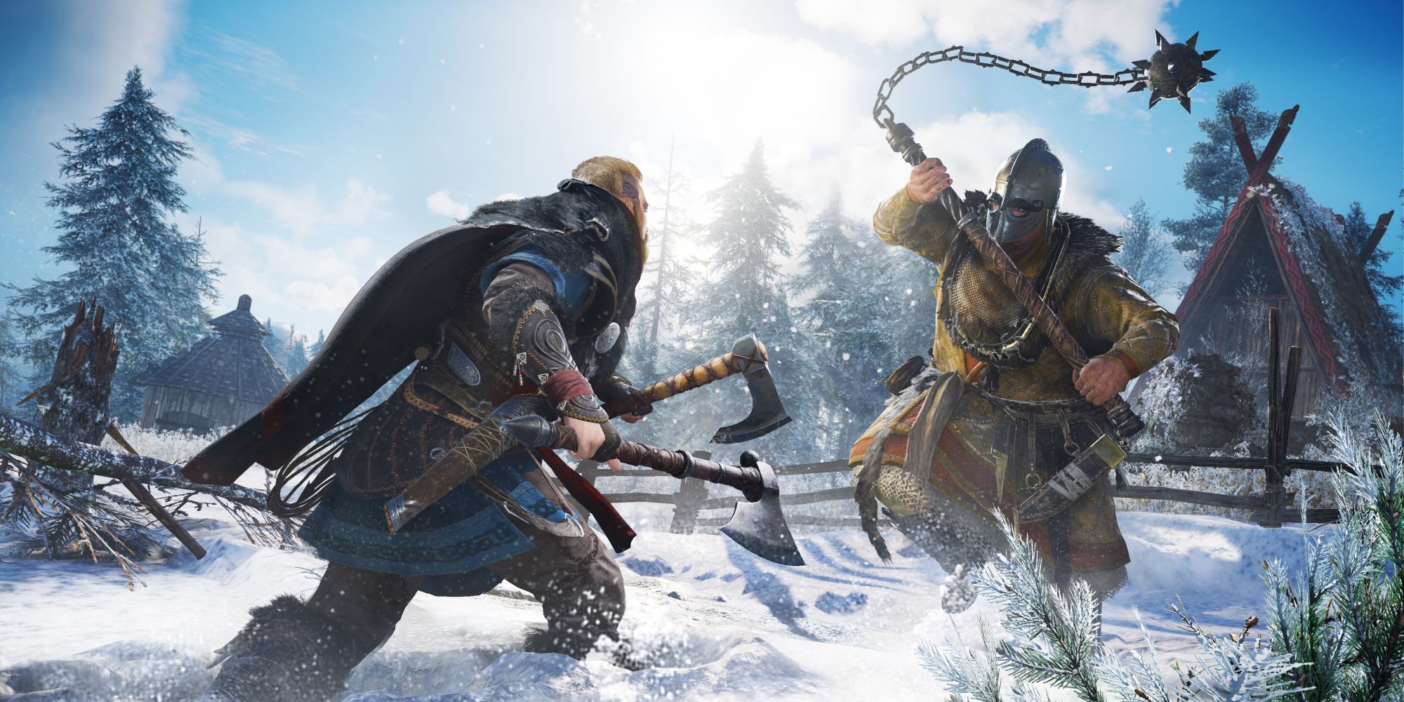 Player character Eivor charges against a flail-wielding enemy in Assassin's Creed: Valhalla