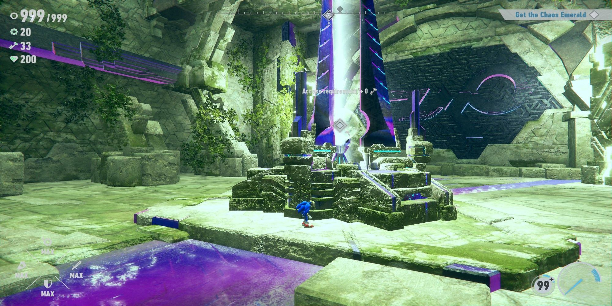 Sonic Frontiers Sonic in front of the final Chaos Emerald vault on Ouranos Island