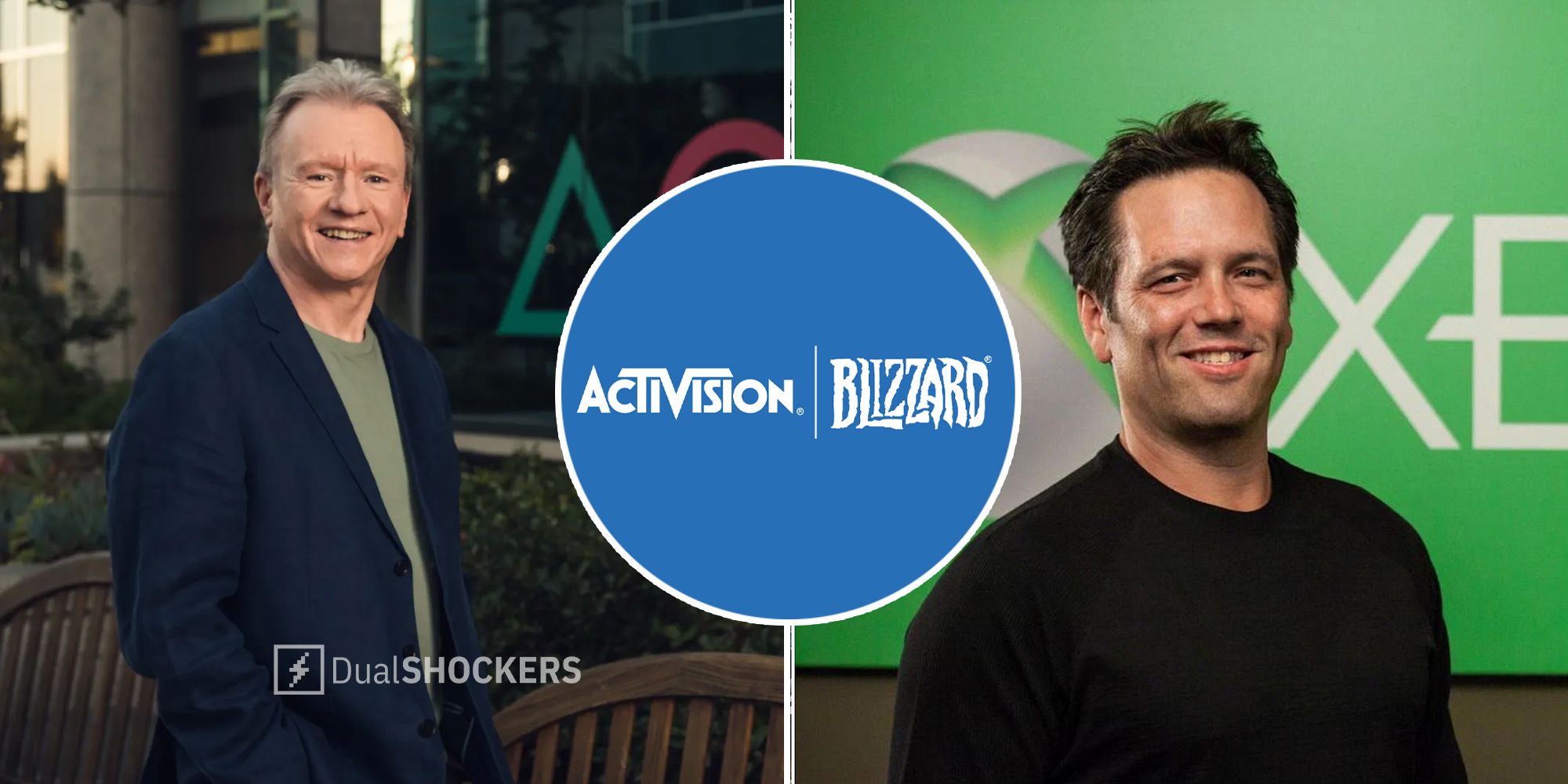 Jim Ryan of Playstation, Activision Blizzard logo, Phil Spencer of Xbox