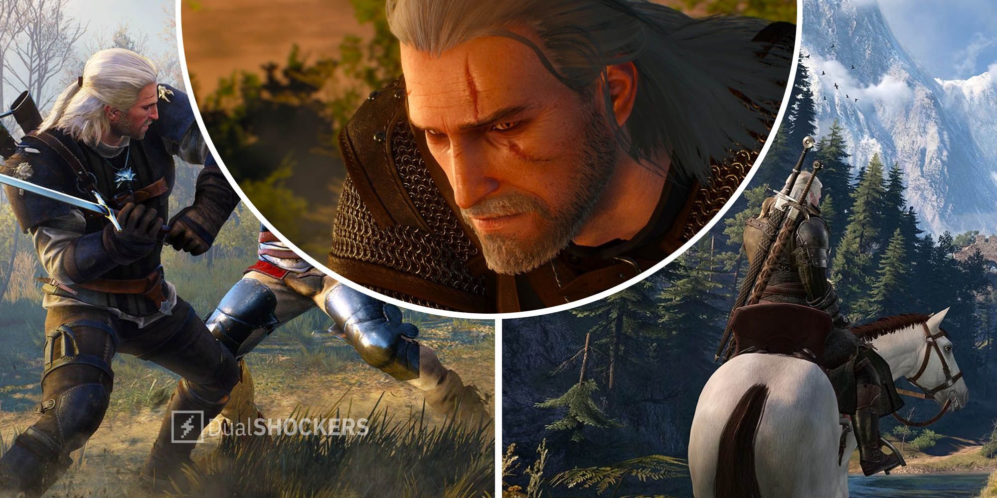 The Witcher 3 Wild Hunt next gen update Geralt in multiple screenshots fighting, thinking and on horseback