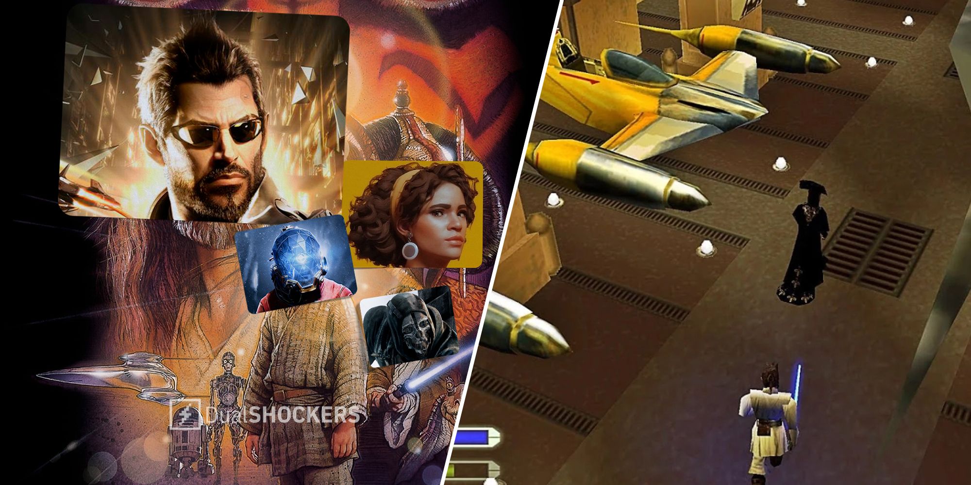 Star Wars: Episode I: The Phantom Menace for PS1 and PC, Deux Ex, Prey, Dishonored, and Deathloop characters over Star Wars characters' heads